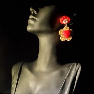 Vibrant Red and Gold Floral Heart Earrings